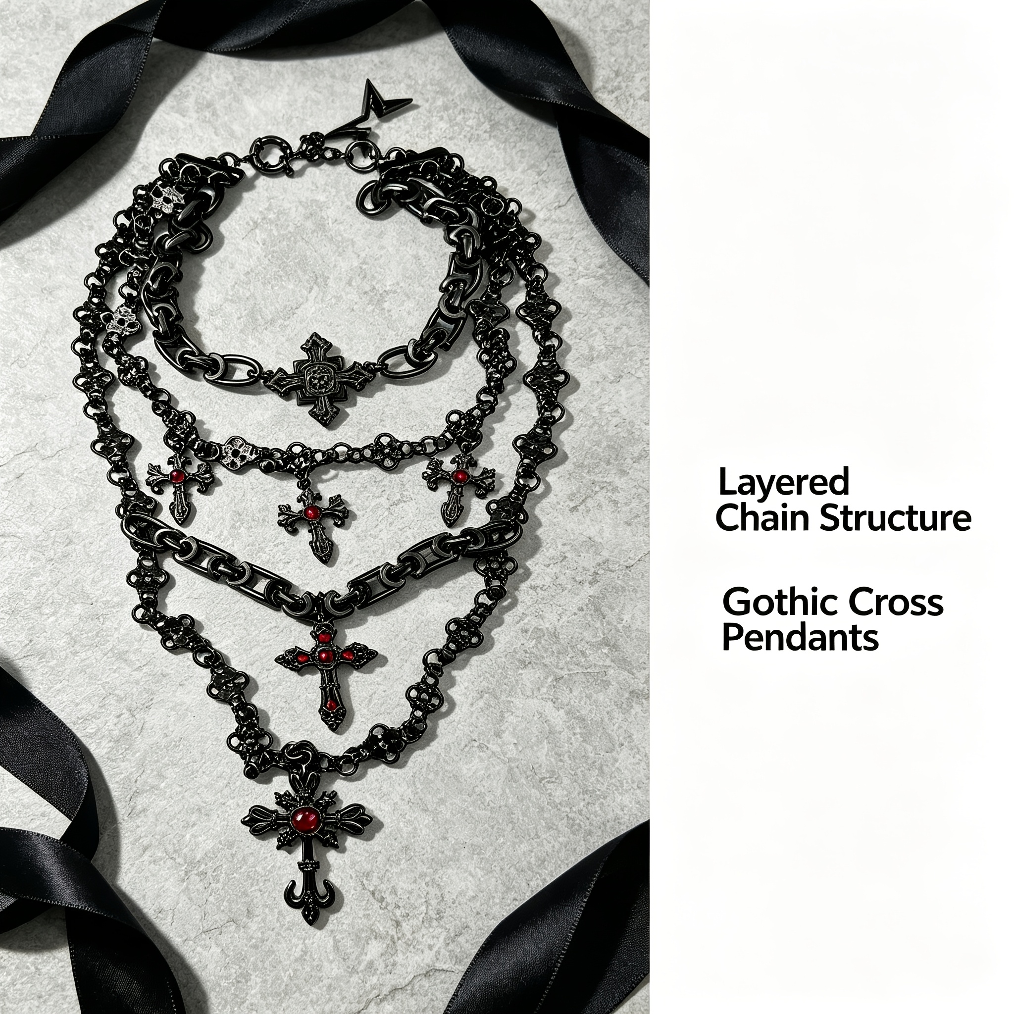 Women's Antique Black Gunmetal Multi-Layer Cross Necklace